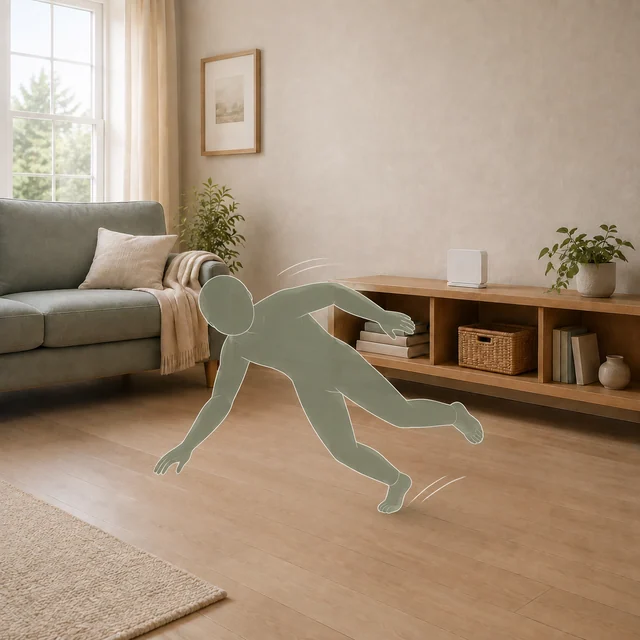 A simple human silhouette losing balance in a living room, with a small Senecta Pod on the bookshelf
