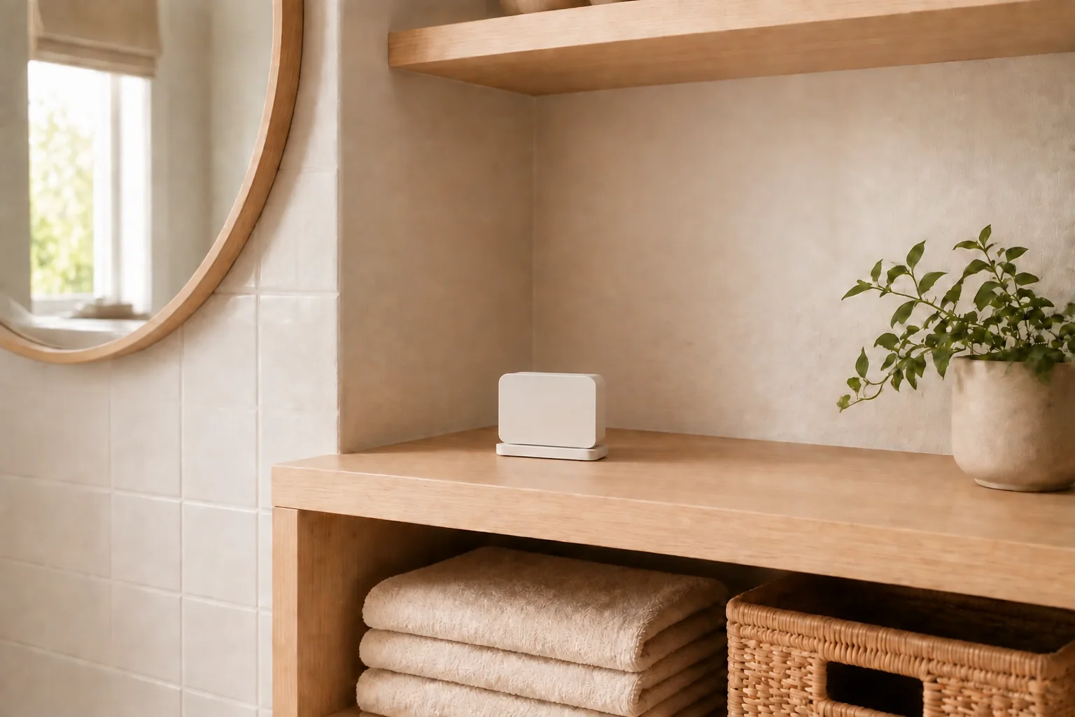 Senecta Pod on a dry bathroom shelf away from water